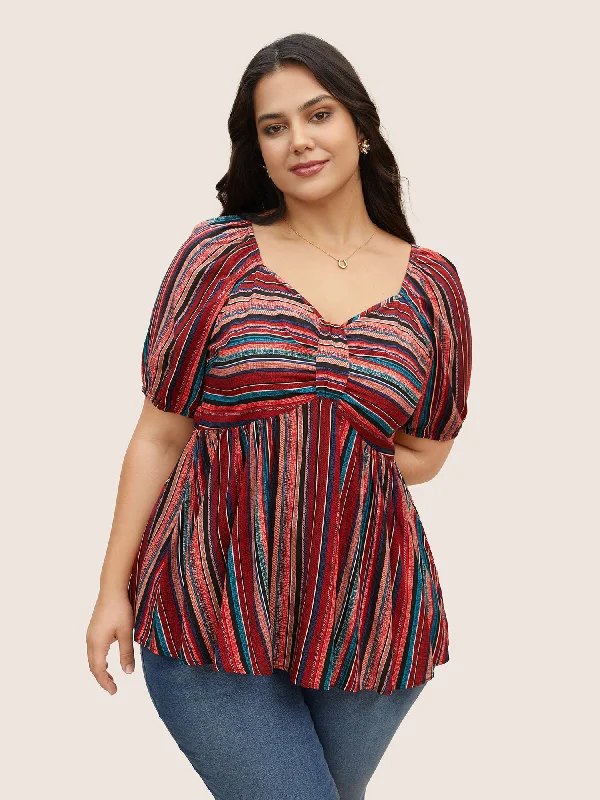 Stylish Savings Striped Heart Neckline Lantern Sleeve Blouse