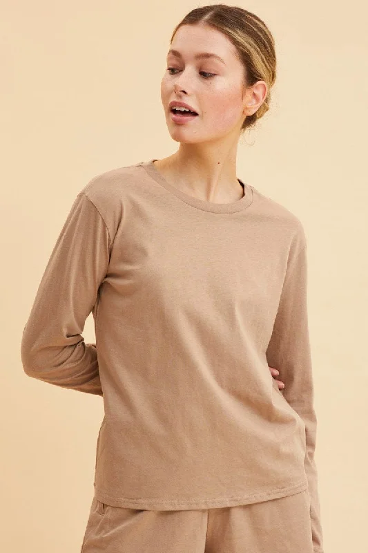 Women's Date Night Outfit Beige Long Sleeve T-Shirt Crew Neck Cotton Regular Fit