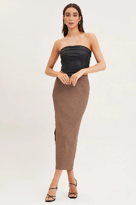 Elegant Fashion Brown Knit Skirt Midi High Rise