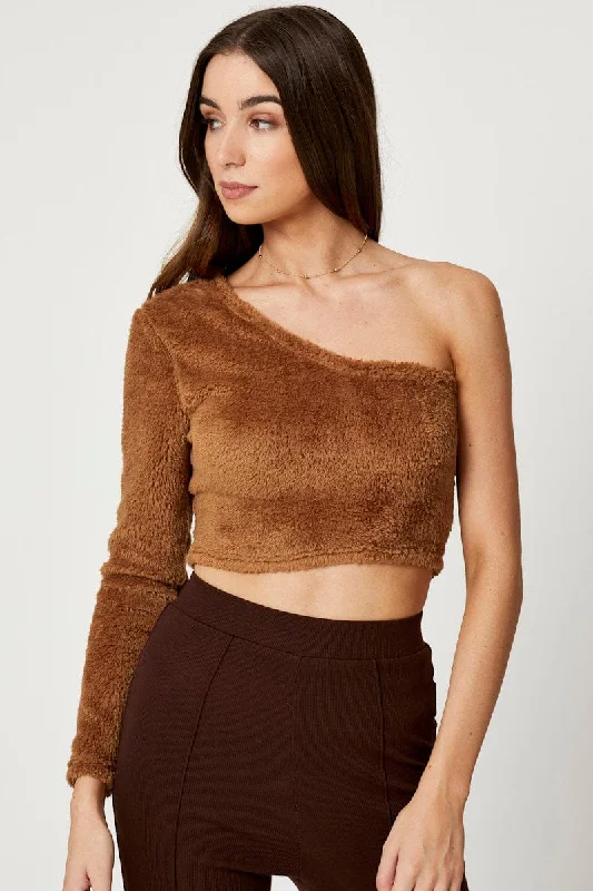 Women's Luxury Garments Brown One Shoulder Fluffy Knit Top