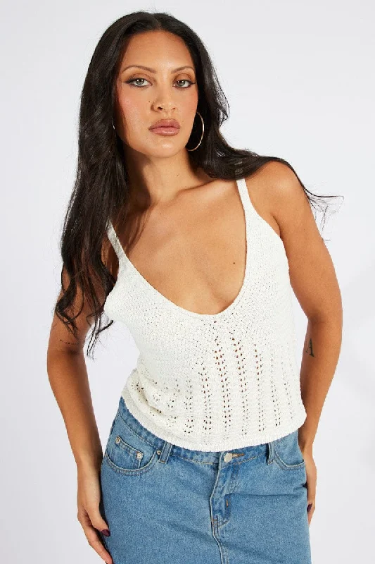 Classic Women's Fashion White Crochet Knit Top Sleeveless V Neck