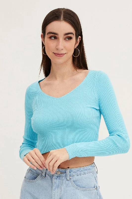 Outlet Clothing Blue Knit Top Long Sleeve Crop V-Neck