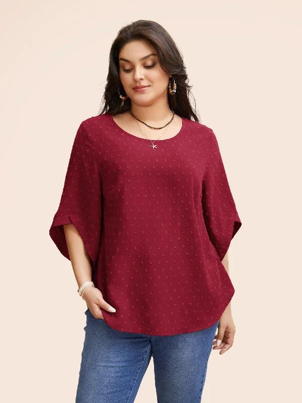 Casual Women's Clothing Online Textured Round Neck Bell Sleeve Blouse