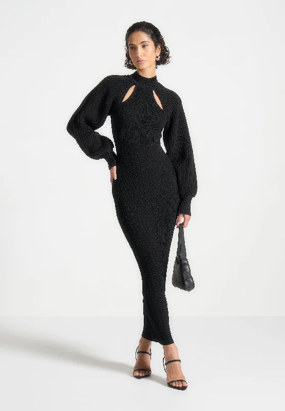 Women's Evening Attire Balloon Sleeve Knitted Contour Maxi Dress - Black