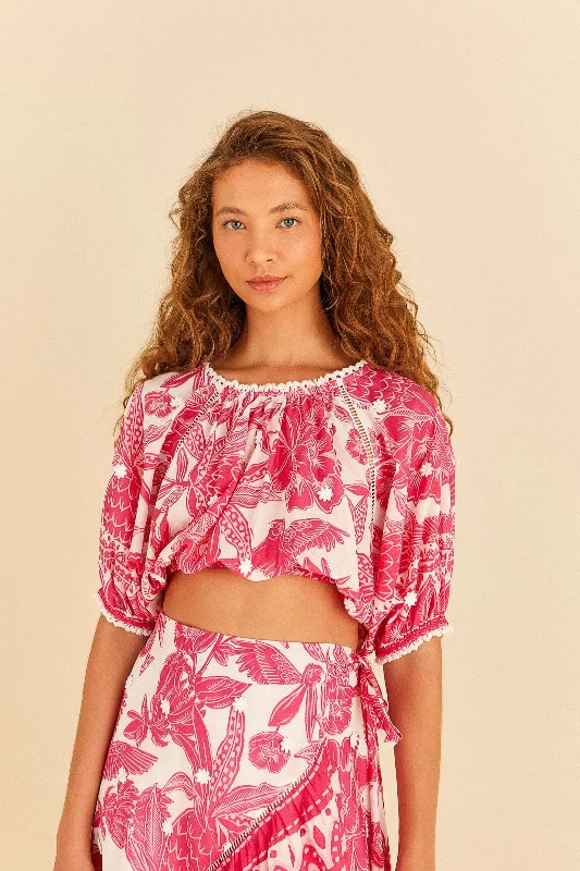 Sophisticated Fashion Pink Tropical Woodcut Crop Top