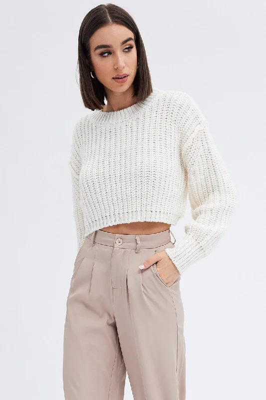 Summer Sale White Knit Top Round Neck Long Sleeve Crop