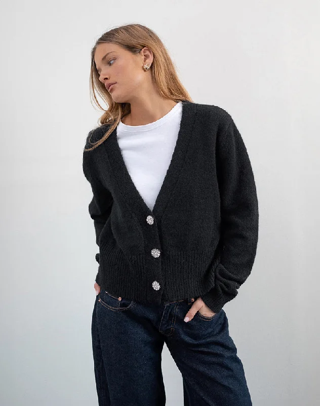 Trendy Women's Wear Acera Knitted Cardigan in Black with Silver Flower Buttons