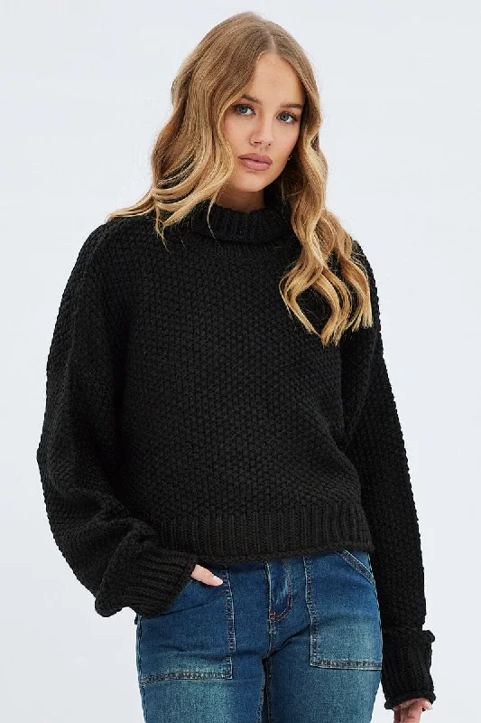 Charming Women's Garments Black Knit Jumper Turtle Neck