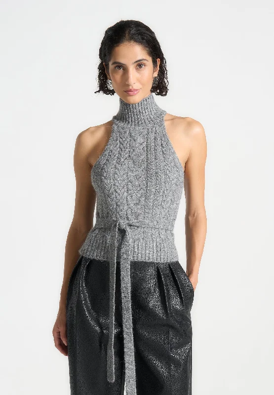 Women's Classic Outfit Halter Cable Knit Wool Top with Tie - Grey