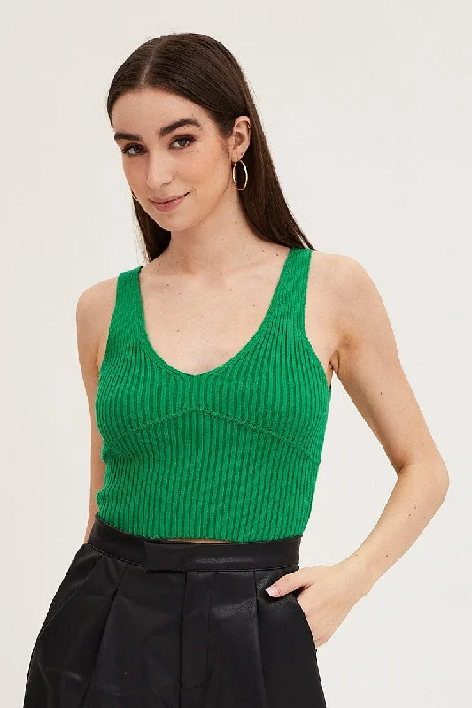 Women's Casual Apparel Green Knit Top Sleeveless Crop V-Neck