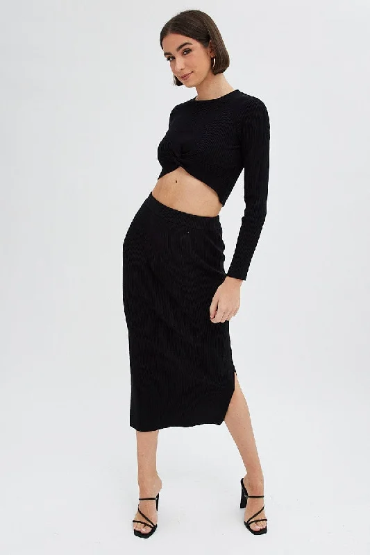 Women Online Clothing Boutiques Black Knit Skirt High Rise Ribbed Midi