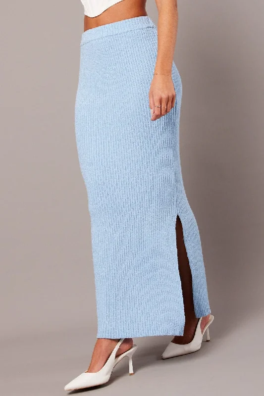 Street Style Fashion Blue Knit Skirt High Rise Midi