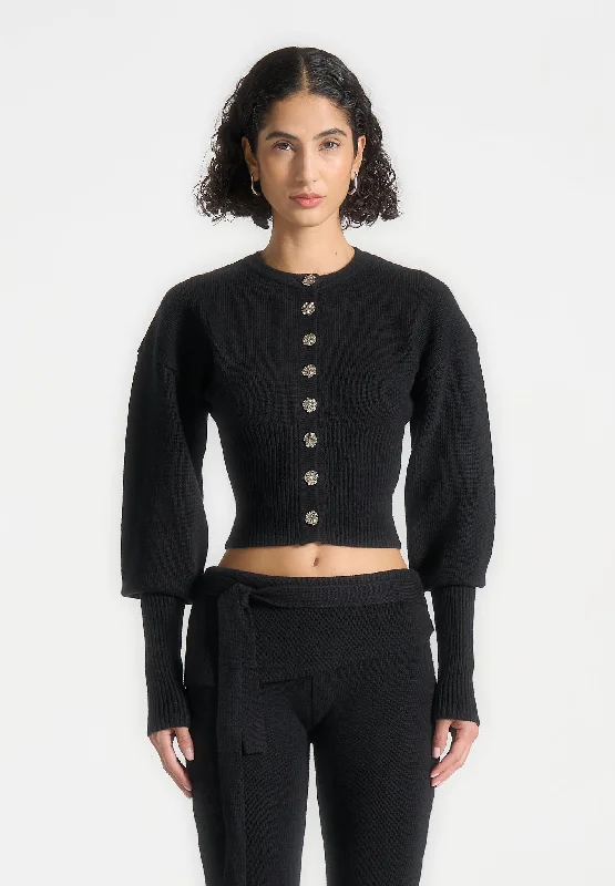 Women's Effortless Casual Outfit Knitted Cinch Waist Cardigan - Black