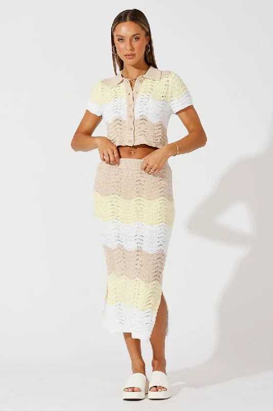 Minimalist Style Beige Stripe Knit Skirt Midi Crochet