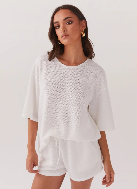 Trendy Women's Fashion Ocean Waves Oversized Knit Tee - White