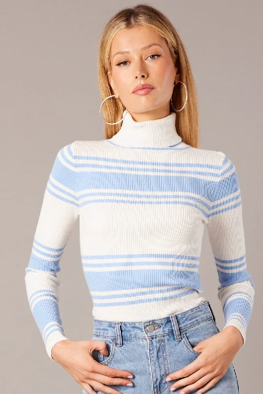 Graceful Fashion Blue Stripe Knit Top Long Sleeve High Neck