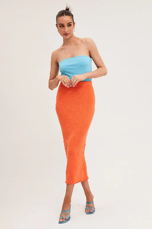 Relaxed Style Orange Maxi Skirt Knit High Waist