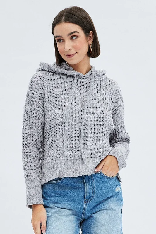 Clearance Sale Grey Knit Top Long Sleeve Hoodie