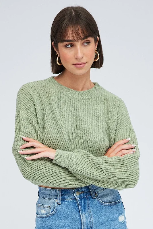 Women's Comfortable Garments Green Knit Jumper Round Neck Long Sleeve Crop