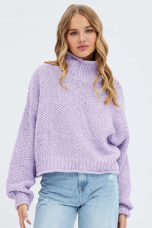 Stylish Women's Garments Purple Knit Jumper Turtle Neck