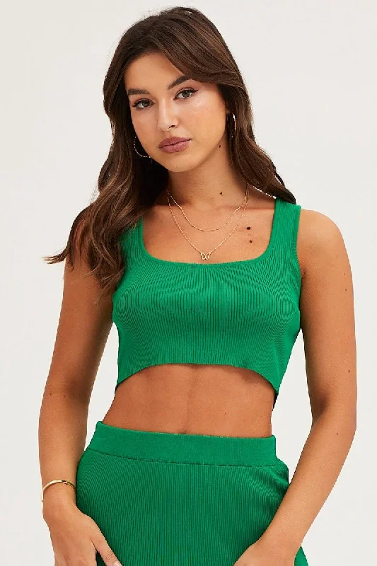 Women's Garments Green Knit Top Sleeveless Crop Square Neck