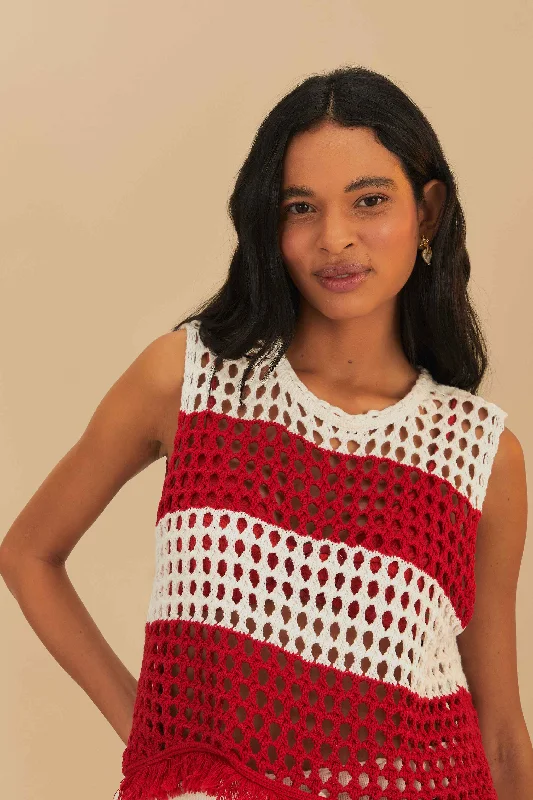 Women's Versatile Apparel Red Stripes Crochet Blouse