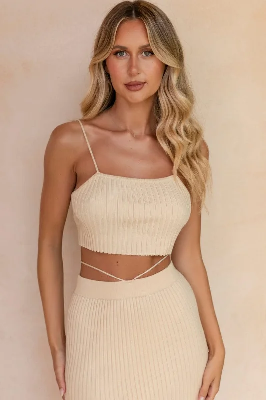 Women's Outerwear Garments Beige Knit Top Sleeveless Crop