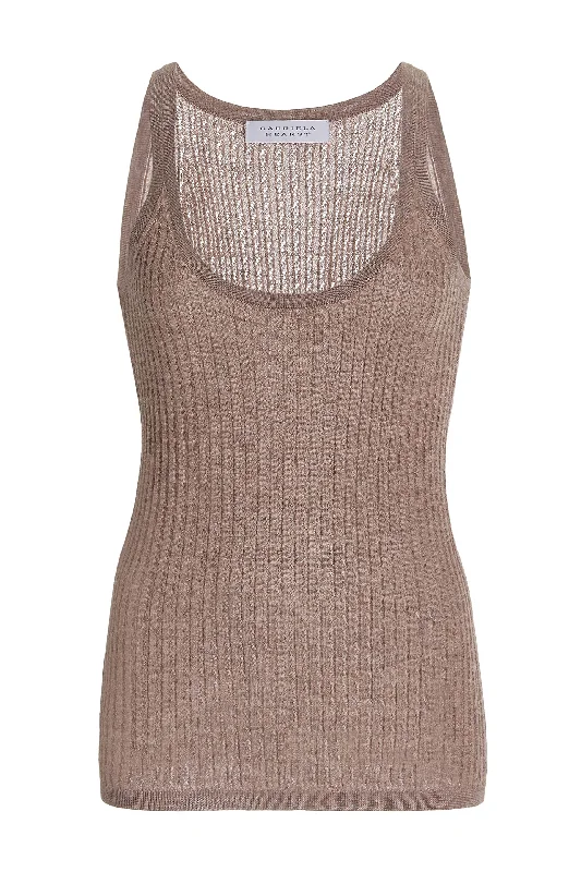 Comfortable Casual Women's Clothing Graham Pointelle Knit Tank Top in Dark Oatmeal Cashmere Silk