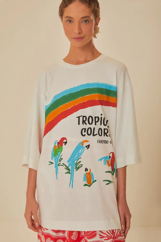 Luxury Women's Fashion White Tropical Colors Organic Cotton Oversized T-Shirt