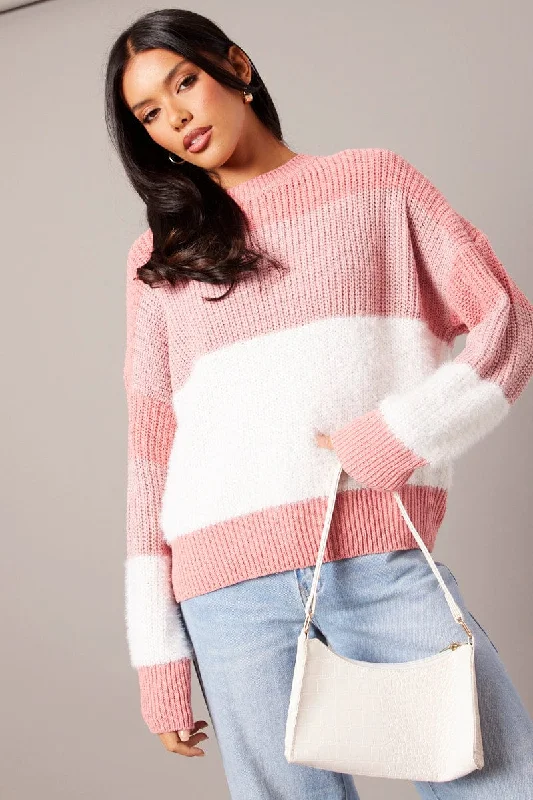 Sophisticated Style Pink Stripe Knit Top Long Sleeve Color Block