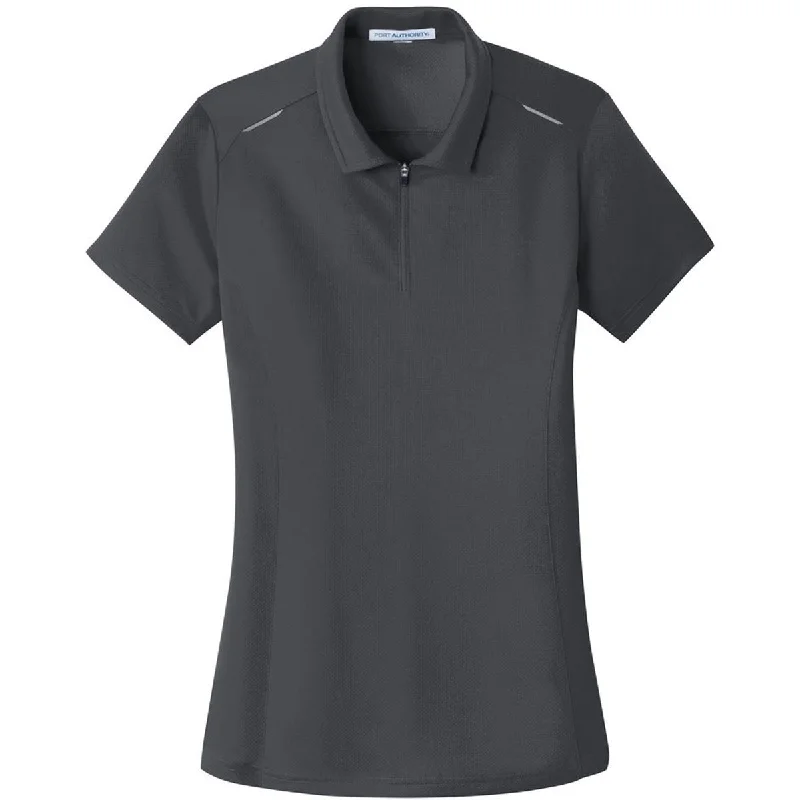 Stylish Savings Port Authority Women's Battleship Grey Pinpoint Mesh Zip Polo