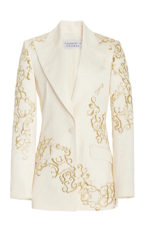 Must-Have Styles Leiva Embroidered Blazer in Ivory Textured Linen