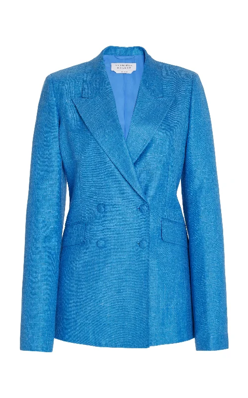 Versatile Outfits Stephanie Blazer in Aventurine Blue Virgin Wool and Silk Linen Twill