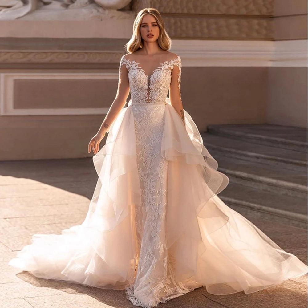 Online Impressions Boutique Lace Mermaid Wedding Dress with Detachable Ruffle Skirt - Button-Up Back, Long Sleeve 2-Piece Bridal Gown with Beading Detail