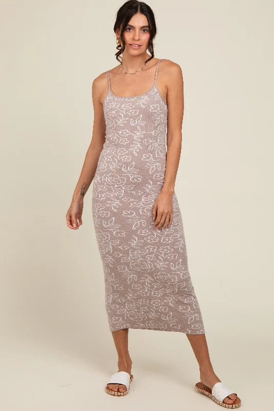 Sale Clearance Beige Floral Knit Fitted Midi Dress