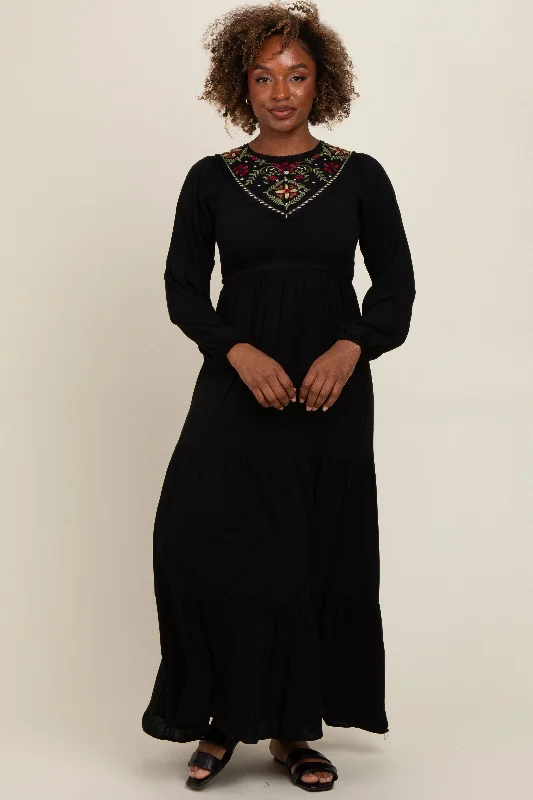 End of Season Sale Black Embroidered Tiered Maxi Dress