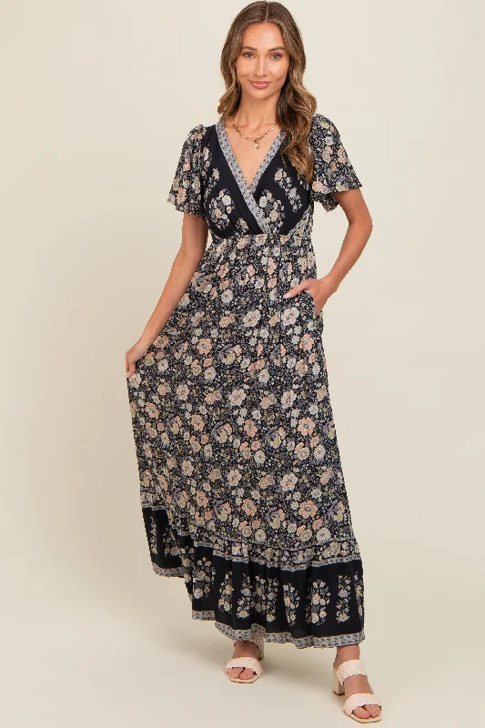 Affordable Online Boutique Black Floral Border Printed Woven Short Sleeve V-Neck Maxi Dress