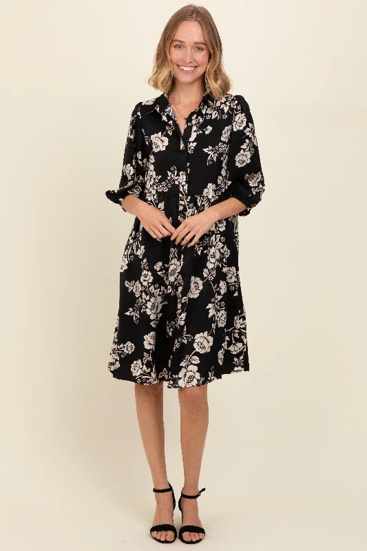 Women's Plus-Size Attire Black Floral Button Down Collared Dress