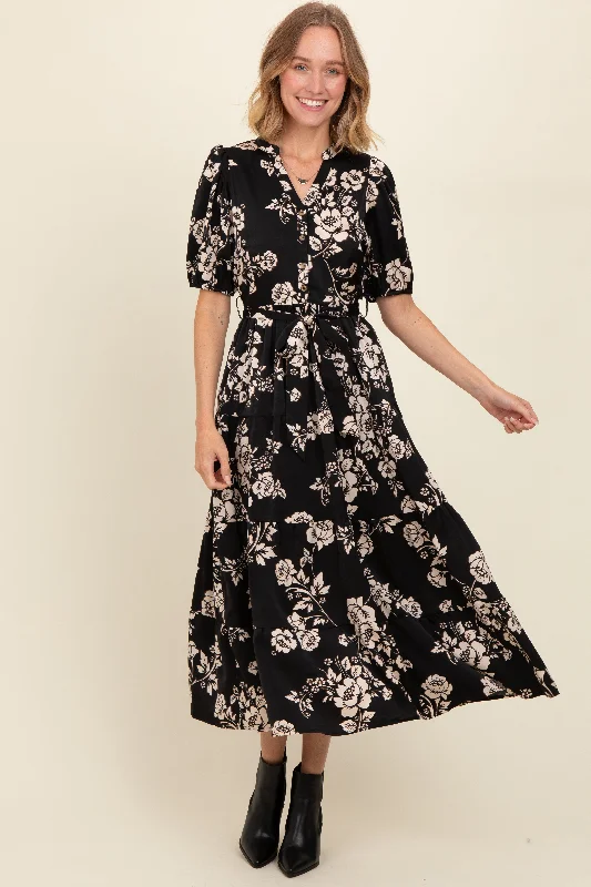 Online Shopping Boutiques Black Floral Button Down Front Tie Midi Dress