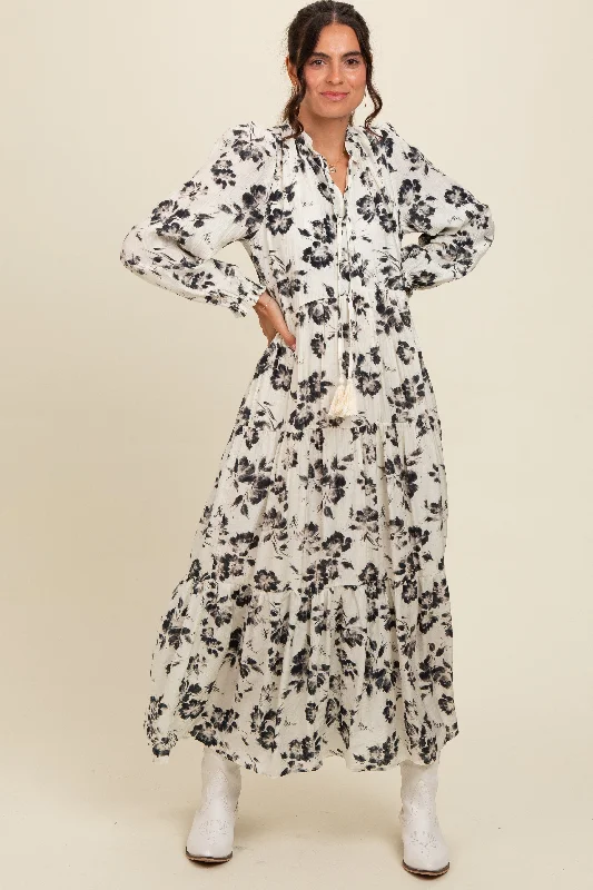 Flash Sale Online Black Floral Button Front Tiered Long Sleeve Maxi Dress