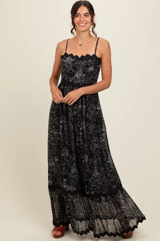 Chic Outfits Black Floral Contrast Trim Maxi Dress