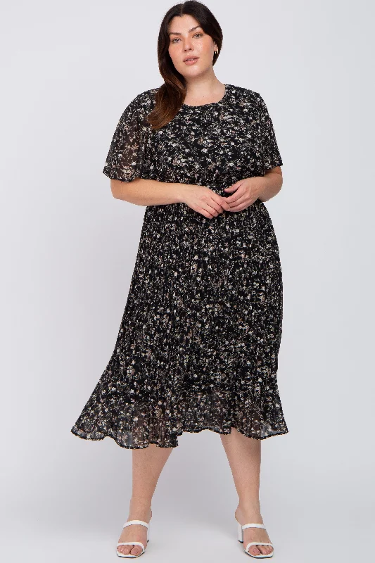 Limited Time Offer Black Floral Pleated Chiffon Plus Midi Dress