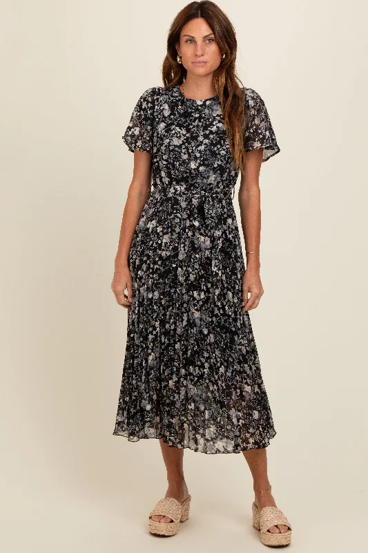 Stylish Women's Apparel Black Floral Pleated Midi Dress