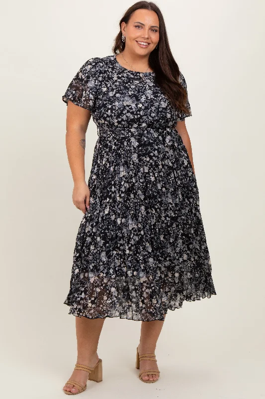 Premium Fashion Black Floral Pleated Plus Midi Dress