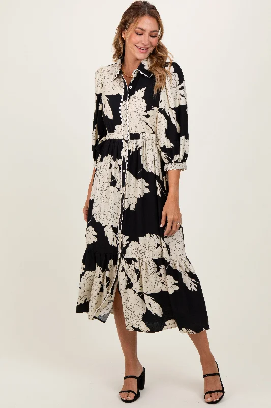 Bold Fashion Black Floral Print Cinched Tie Waist Shirt Dress