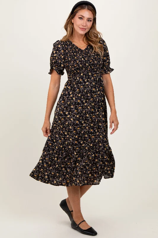 Trendy Street Style Black Floral Print Smocked Ruffle Hem Midi Dress