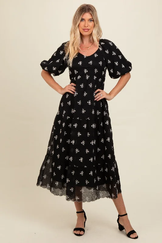 Women's Activewear Outfit Black Floral Puff Sleeve Midi Dress