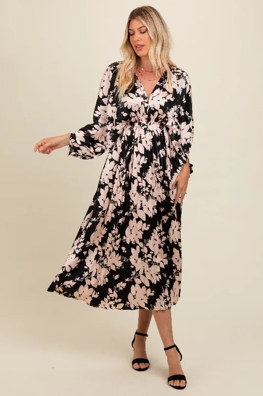 Stylish Women's Outfit Black Floral Satin Pleated V-Neck Maxi Dress