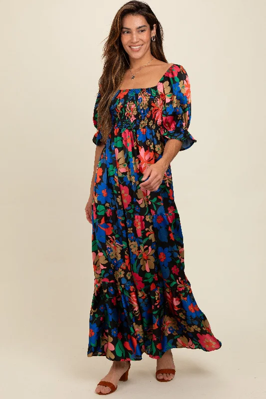 Women's Online Boutique Black Floral Satin Smocked Tiered Maxi Dress