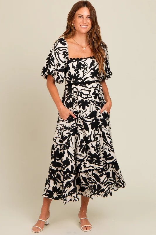 Women's Travel Outfit Set Black Floral Scallop Trim Midi Dress